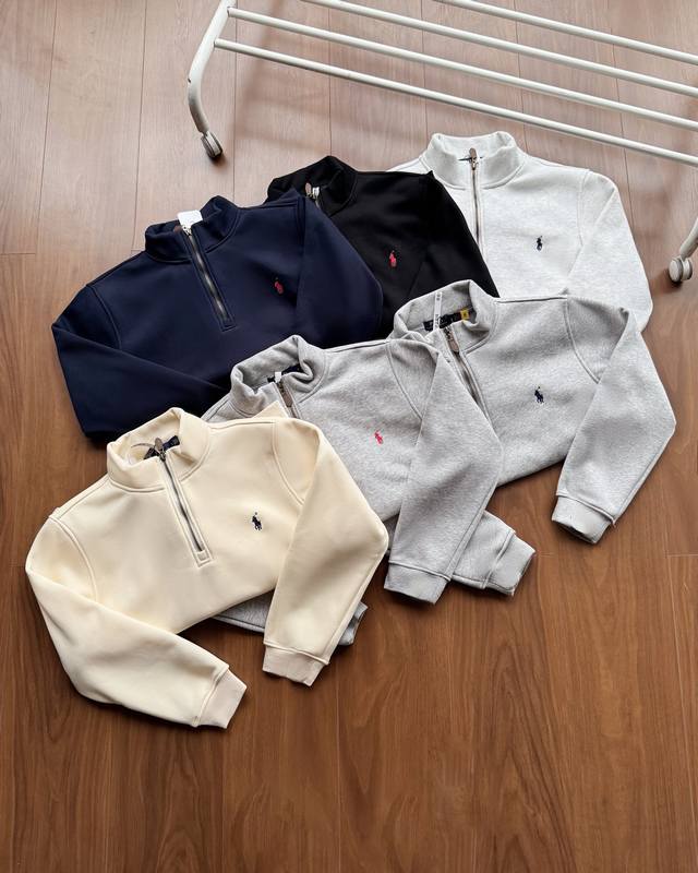 Detailed image, fleece-lined, Ralph Lauren Polo logo half-zip pullover turtlenec
