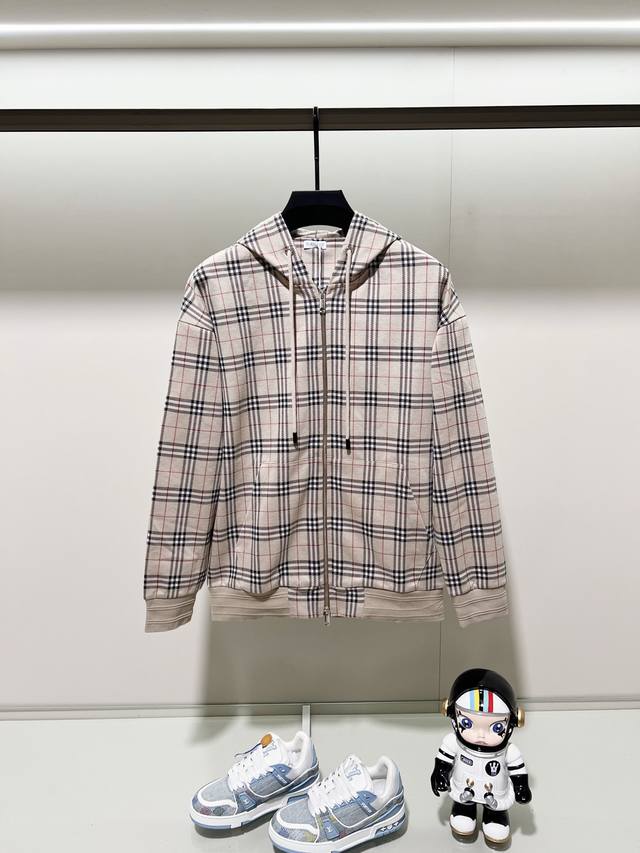 Burberry Custom Fabric Hooded Zip-Up Sweatshirt. Features the brand's classic ch