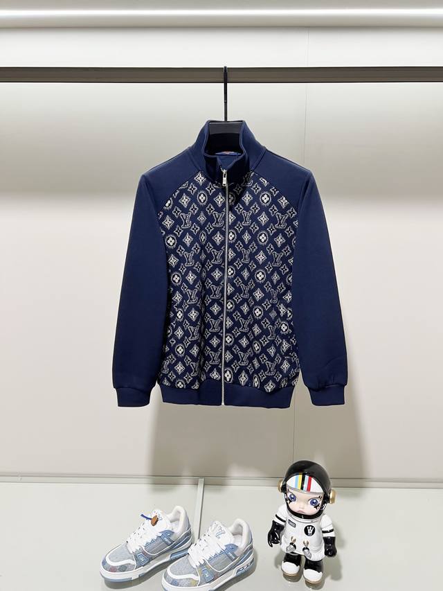 Louis Vuitton custom fabric stand-up collar coat. Classic iconic logo print patc