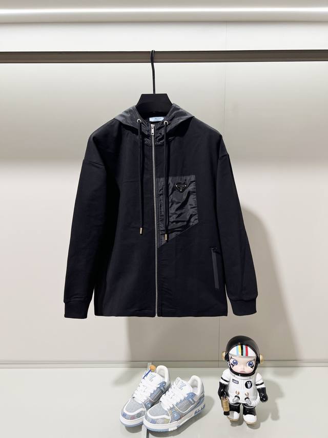 Prada Custom Fabric Suit Zippered Hooded Jacket Nylon Patchwork, Zipper Pockets,