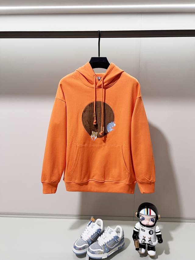Loewe 420g 100% Cotton Hooded Sweatshirt, Cartoon Moon Fleece Applique Embroider