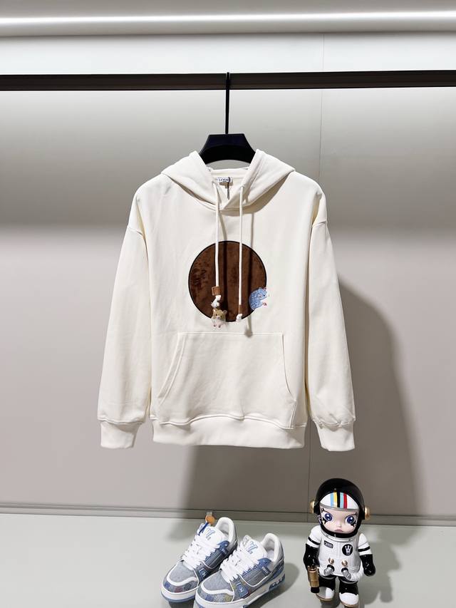 Loewe 420g 100% Cotton Hooded Sweatshirt, Cartoon Moon Fleece Applique Embroider
