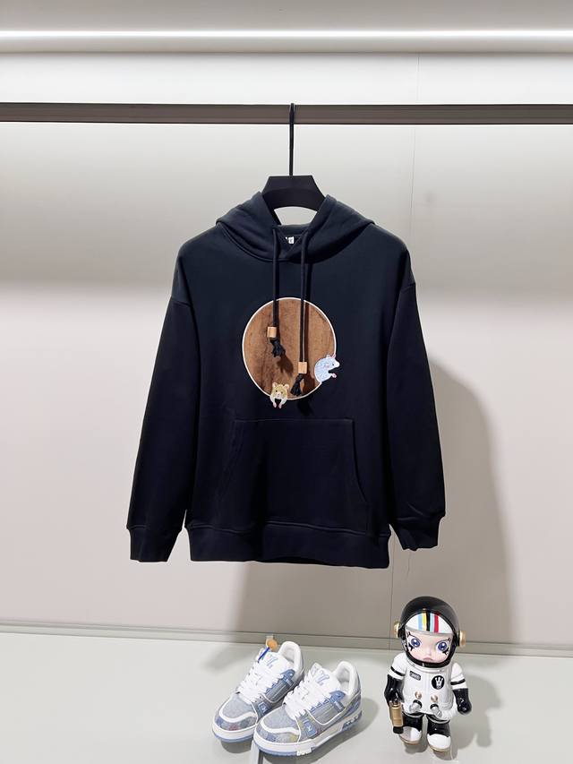 Loewe 420g 100% Cotton Hooded Sweatshirt, Cartoon Moon Fleece Applique Embroider