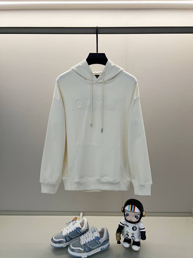 Gucci 420g pure cotton hooded sweatshirt, solid color, 3D embossed brand logo, o