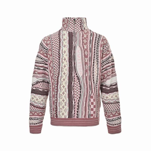 Louis Vuitton Pink Patchwork Half-Zip Irregular Jacquard Knit Sweater. Authentic