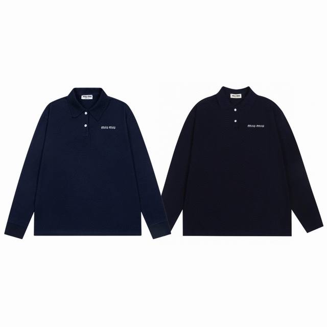 Miu Miu 24Ss New Boutique Logo Letter Embroidery Couple Collar Long Sleeve T-Shi