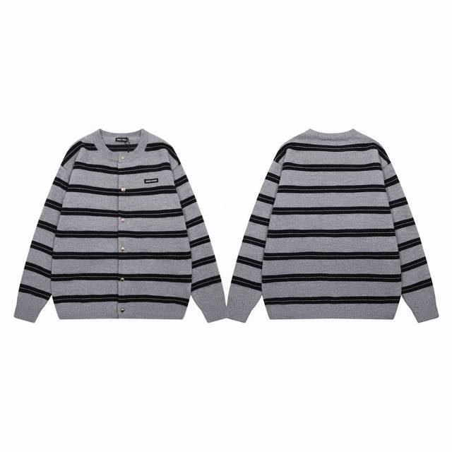 Miu Miu 24Ss Boutique Synchronized Small Logo Striped Wool Couple Crew Neck Knit