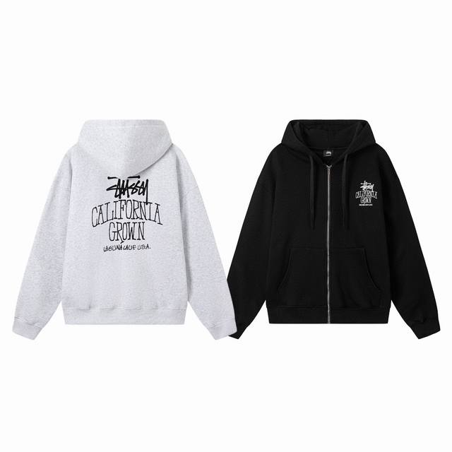 Stussy 25Fw Cali Grown Zip Hoodie with English Print on the Back - Couple Hooded