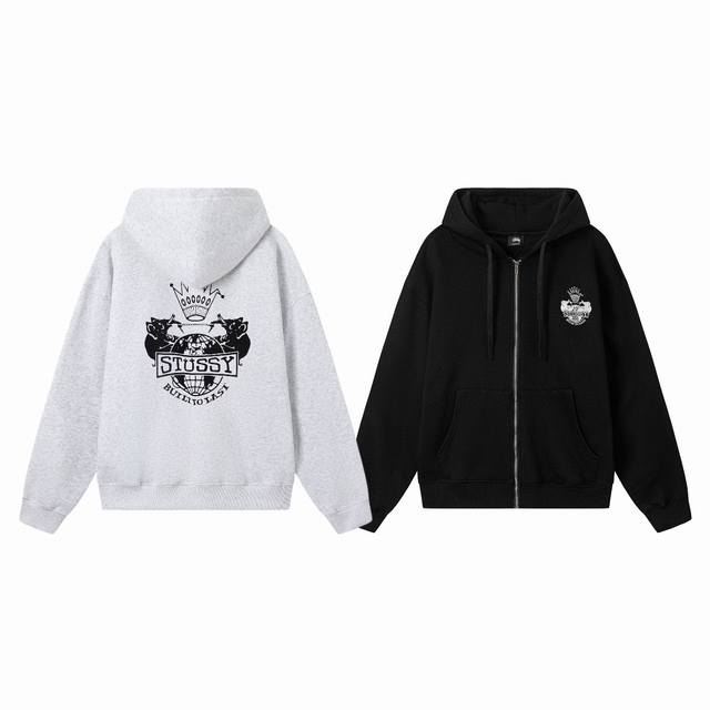 Stussy 25Fw Built To Last Zip Hoodie Crown Print Couple Hooded Fleece Zip-Up Swe