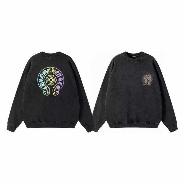 Chrome Hearts Ch Chrome Hearts Colorful Cross Print Distressed Couple Crew Neck