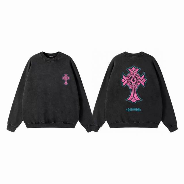 Chrome Hearts Ch Pink Cross Print Distressed Couple Crew Neck Sweatshirt - Top V