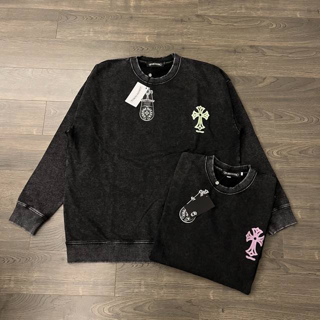 Chrome Hearts Ch Chrome Hearts Fluorescent Cross Print Distressed Couple Crew Ne