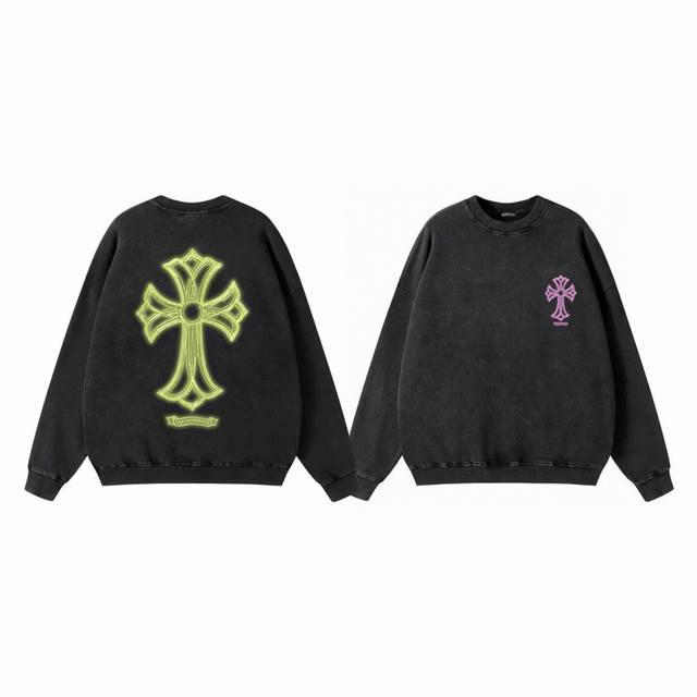 Chrome Hearts Ch Chrome Hearts Fluorescent Cross Print Distressed Couple Crew Ne