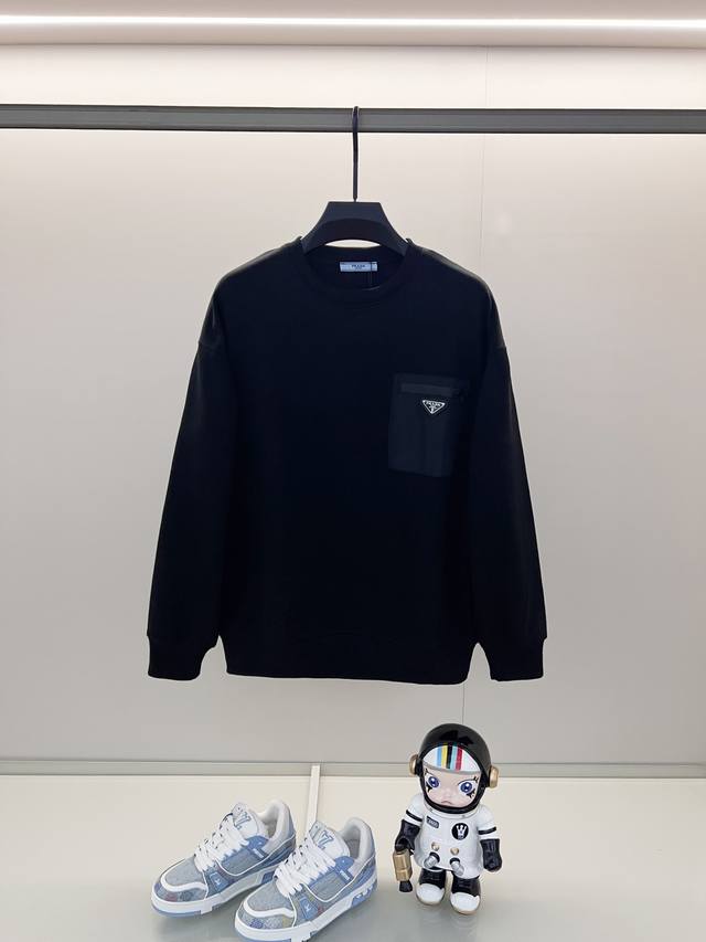 Prada 420g 100% Cotton Crew Neck Sweatshirt. Features classic patch nylon pocket