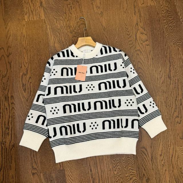 Miu Miu 24Ss All-over Logo Double-Layer Jacquard Couple Knit Crew Neck Sweater -