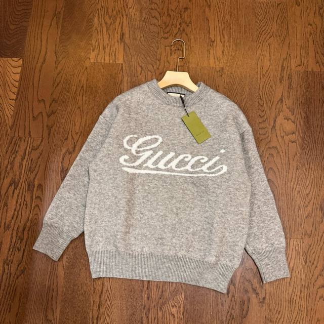 Gucci 24Ss Signature Logo White Jacquard Intarsia Couple Loose Crew Neck Knit Sw