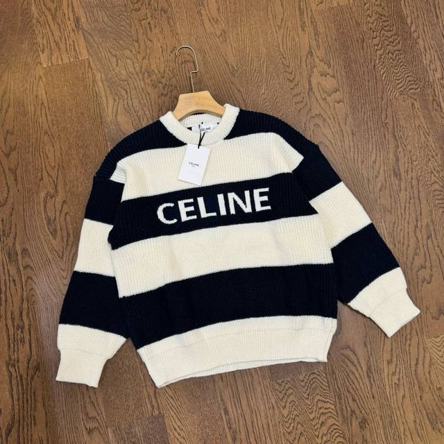 Celine 24Ss Two-tone striped logo jacquard couple's round neck knit sweater - to