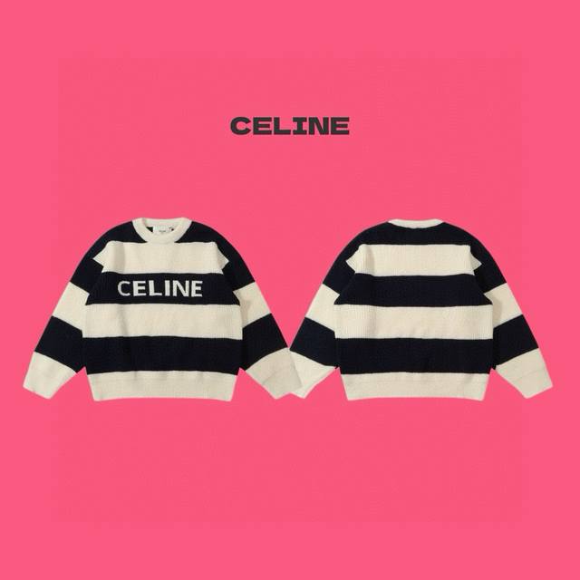 Celine 24Ss Two-tone striped logo jacquard couple's round neck knit sweater - to