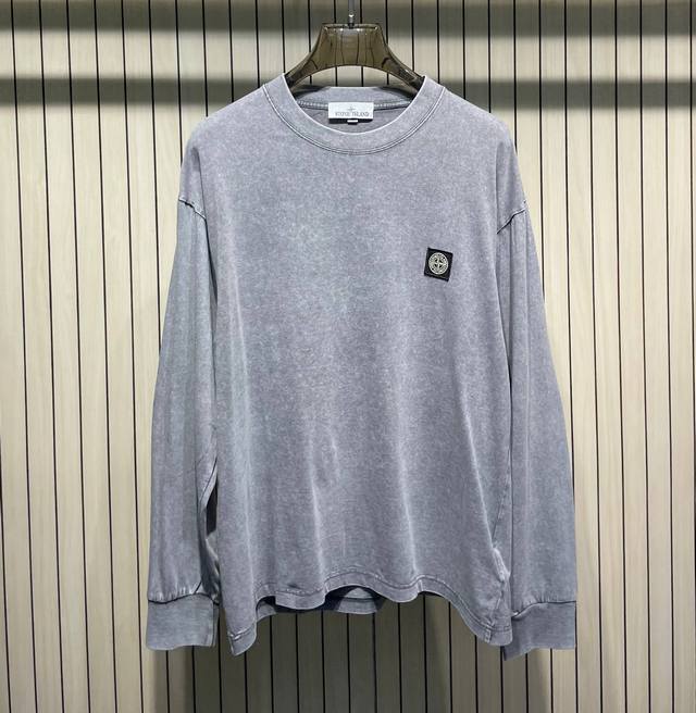 Stone Island Classic Badge Washed Distressed Crew Neck Long Sleeve T-Shirt Color