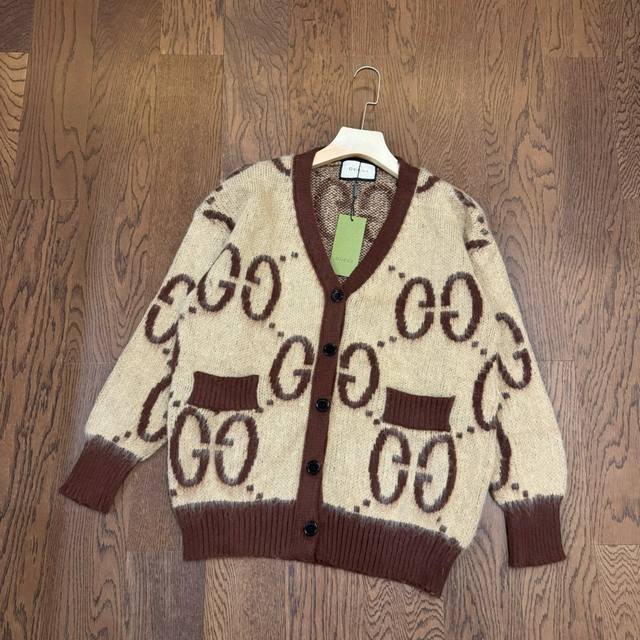 Gucci Classic Double G All-over Jacquard Khaki Couple Mohair Knit Cardigan Sweat