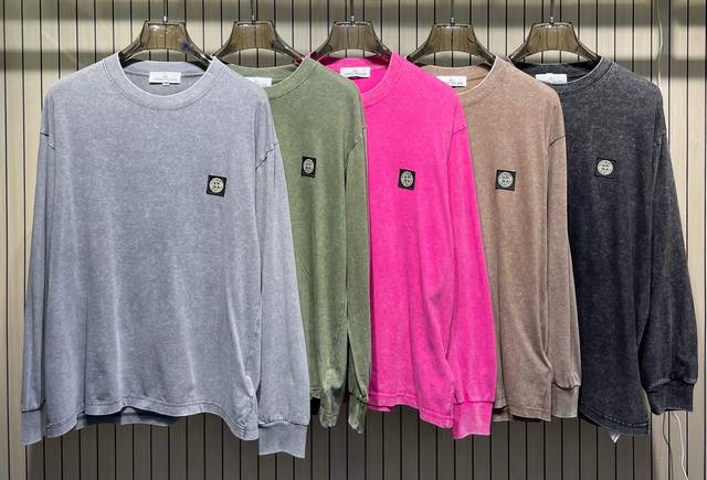 Stone Island Classic Badge Washed Distressed Crew Neck Long Sleeve T-Shirt Color