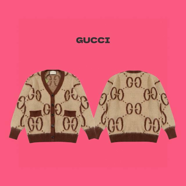 Gucci Classic Double G All-over Jacquard Khaki Couple Mohair Knit Cardigan Sweat