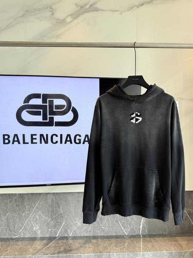 Balenciaga 2025 Fw Double B Letter Flocked Print Washed Distressed Hooded Sweats