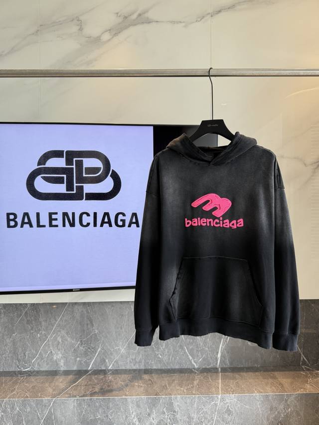 Balenciaga 2025 Fw 3D Foamed Letter Hollow-out Washed Distressed Hooded Sweatshi