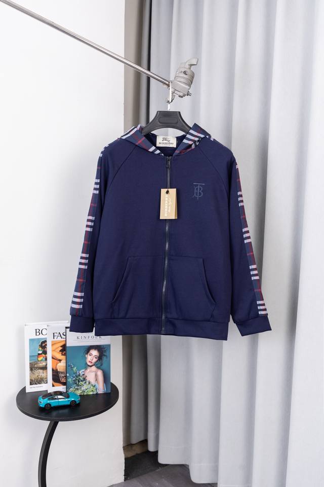 Style Number: S012 Burberry Embroidered Logo Patchwork Plaid Zip-Up Hooded Sweat