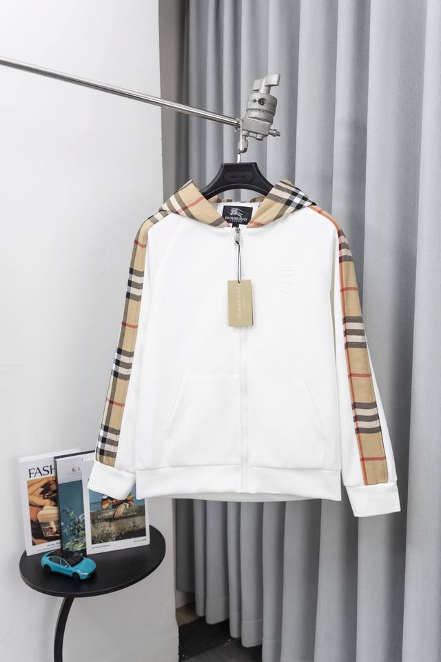 Style Number: S012 Burberry Embroidered Logo Patchwork Plaid Zip-Up Hooded Sweat