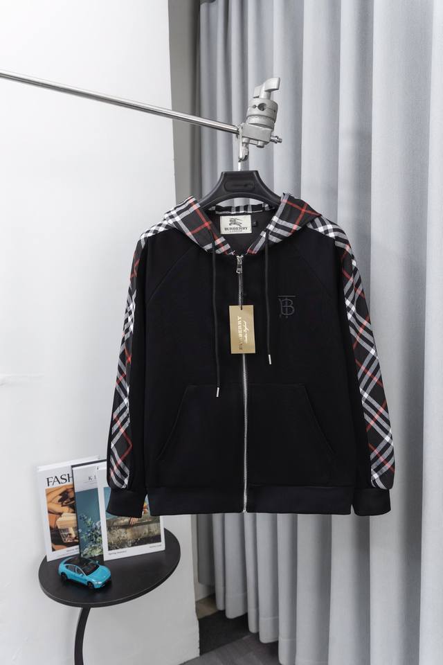 Style Number: S012 Burberry Embroidered Logo Patchwork Plaid Zip-Up Hooded Sweat