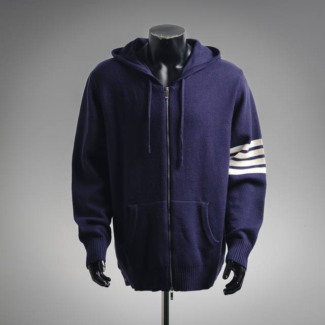 Thom Browne sailboat pattern zip-up cardigan, four-stripe wool blend sweater. Ma