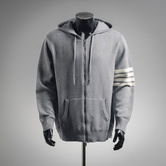 Thom Browne sailboat pattern zip-up cardigan, four-stripe wool blend sweater. Ma