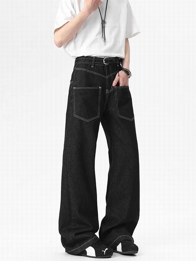 Style No. Xk3629 Black American-style patchwork curved blade jeans, men's origin