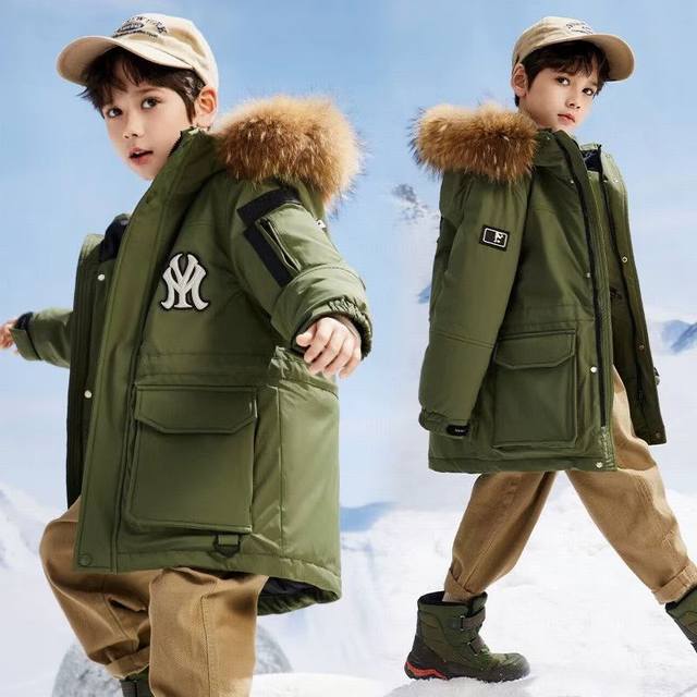 New Arrival! Mlb New Ny Children's Mid-Length Hooded Down Jacket with Fur Collar