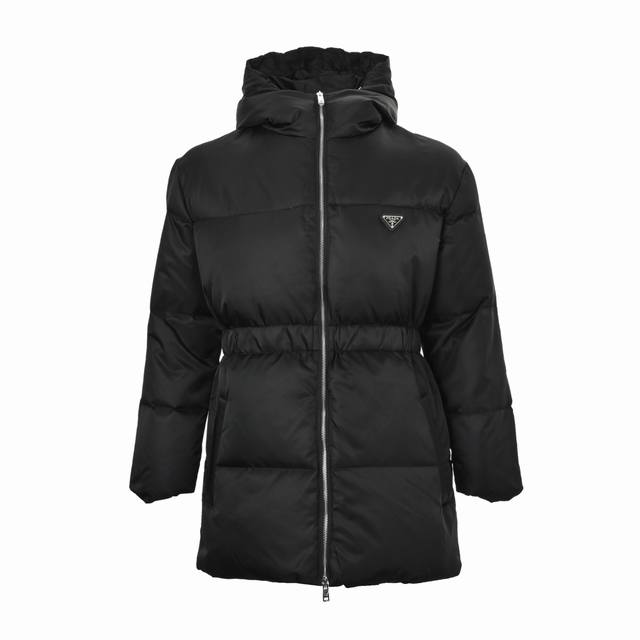 Prada Women's Triangle Logo Slim Waist Mid-Length Down Jacket Prada 24Ss Iron Tr