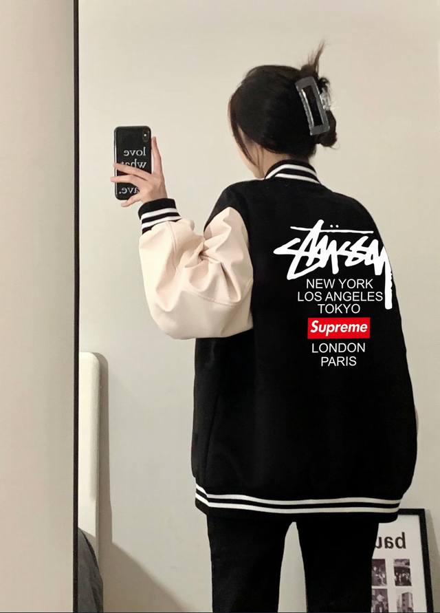 Stussy X Supreme Collaboration Spring/Autumn Loose-fitting Jacket/Baseball Jacke