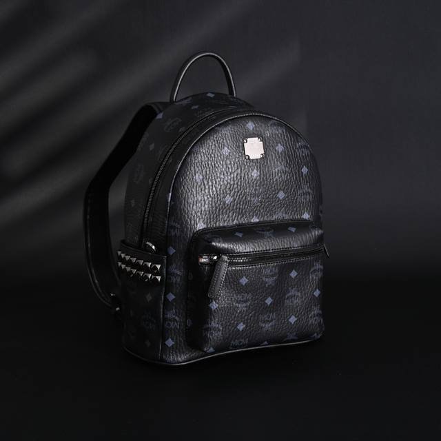 Mcm Stark Visetos Classic Monogram Canvas and Leather Backpack with Double Rivet