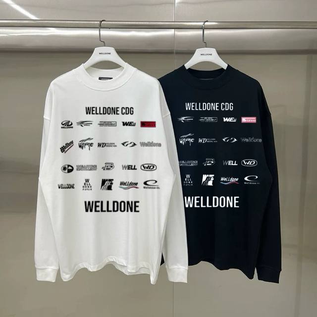 We11Done Letter Bullet Screen Loose Crew Neck Long Sleeve T-Shirt, Unisex Couple
