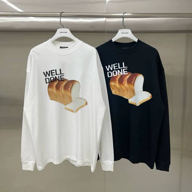 We11Done Bread Print Loose Crew Neck Long Sleeve T-Shirt, Unisex Couple Style. F