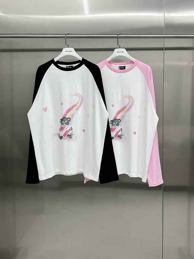 We11Done Track Rainbow Heart Bear Loose Crew Neck Long Sleeve T-Shirt, Unisex Co