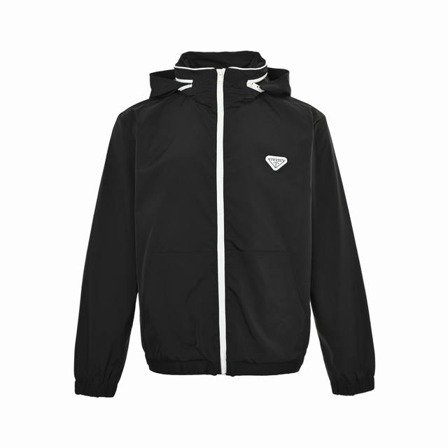 Prada Triangle Logo Zipper Hooded Jacket. Made from 100% cotton greige fabric, t