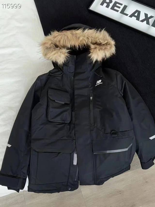 New Balance Solid Color Hooded Down Jacket with Fur Collar Filling: 90% white du