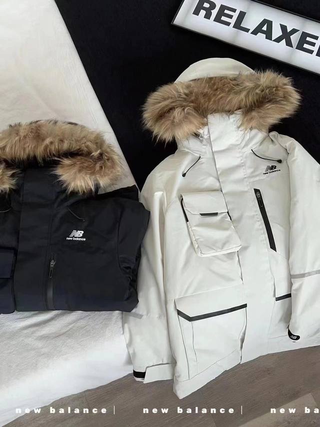 New Balance Solid Color Hooded Down Jacket with Fur Collar Filling: 90% white du