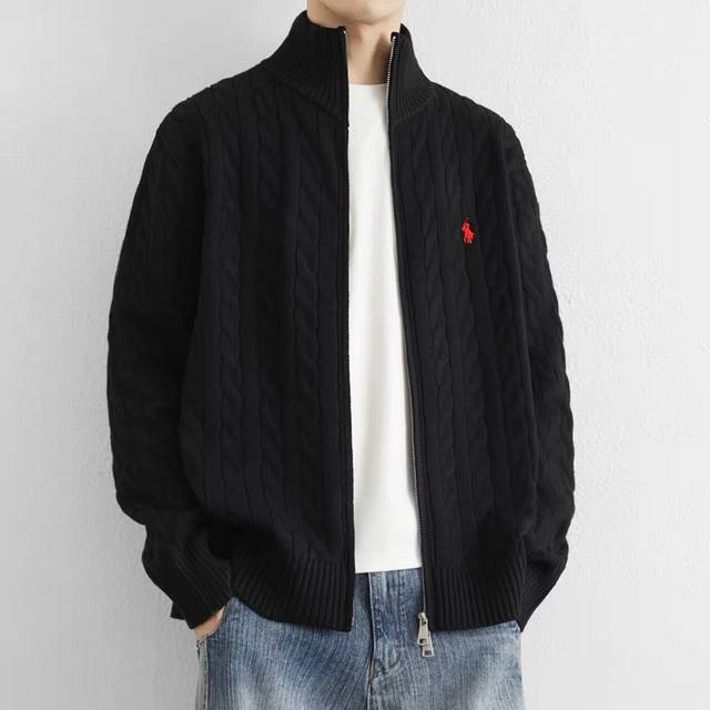 Ralph Lauren Knit Zipper Sweater Jacket, Unisex Style, Solid Color Pony Embroide