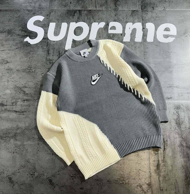 Nike Color Block Limited Edition Two-Tone Couple Crew Neck Thick Knit Sweater Hi