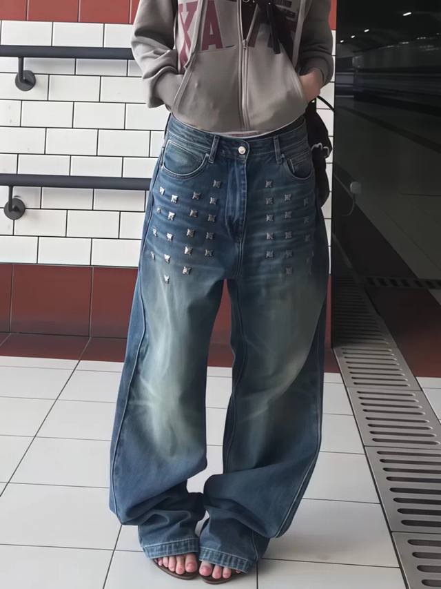 Style No. Xk3625 American Retro Whiskered Rivet Jeans, Unisex Cleanfit High Stre