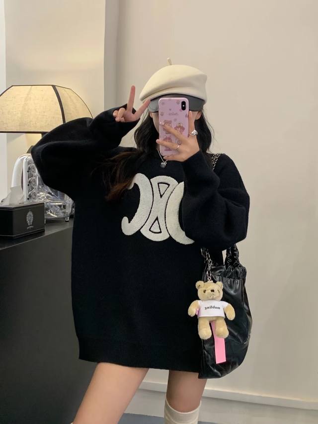 Celine New Arc de Triomphe Towel Embroidered Logo Wool Crew Neck Thick Sweater A