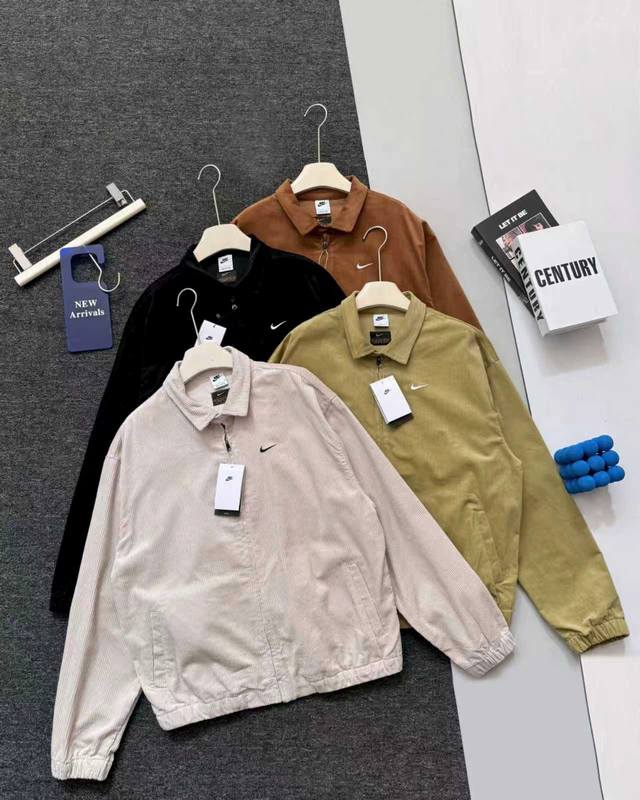 Real shot details Nike retro workwear corduroy small lapel jacket Nike logo zip-