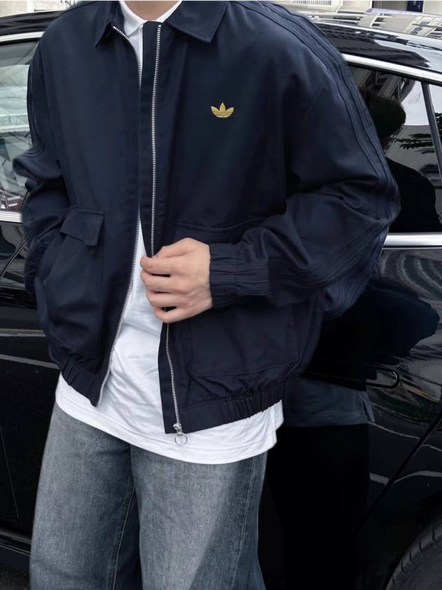 Adidas Originals Solid Color Gold Embroidered Logo Lapel Zipper Long Sleeve Work